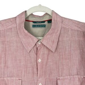 Cubavera Shirt Mens‎ XL Slim Fit Red Striped Linen Cotton Flap Chest Pocket